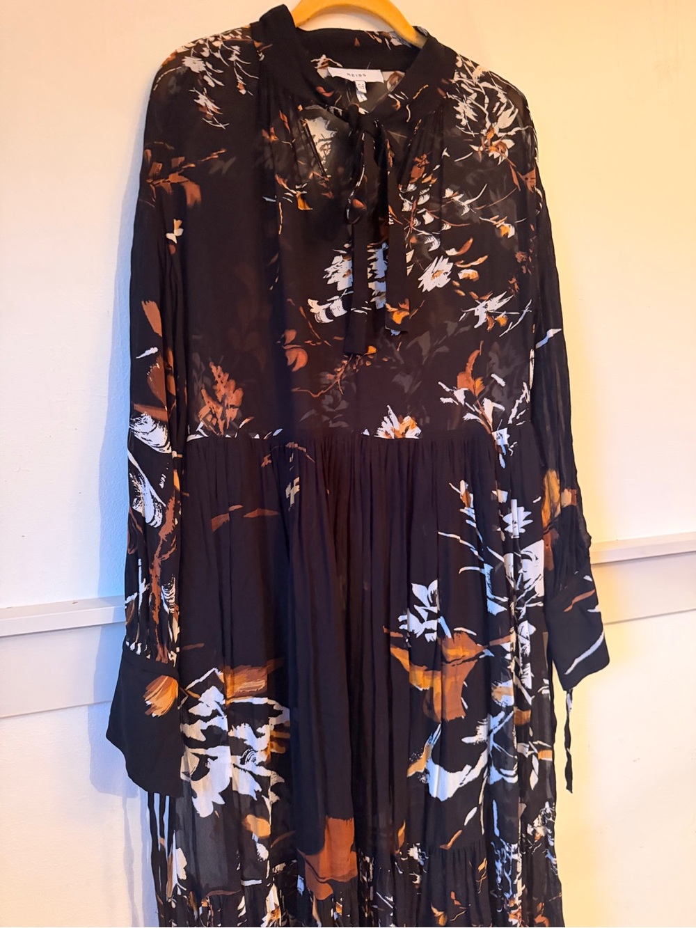 REISS Charolette Black Floral-Print Midi Dress with Rust Accents - Picture 5 of 10
